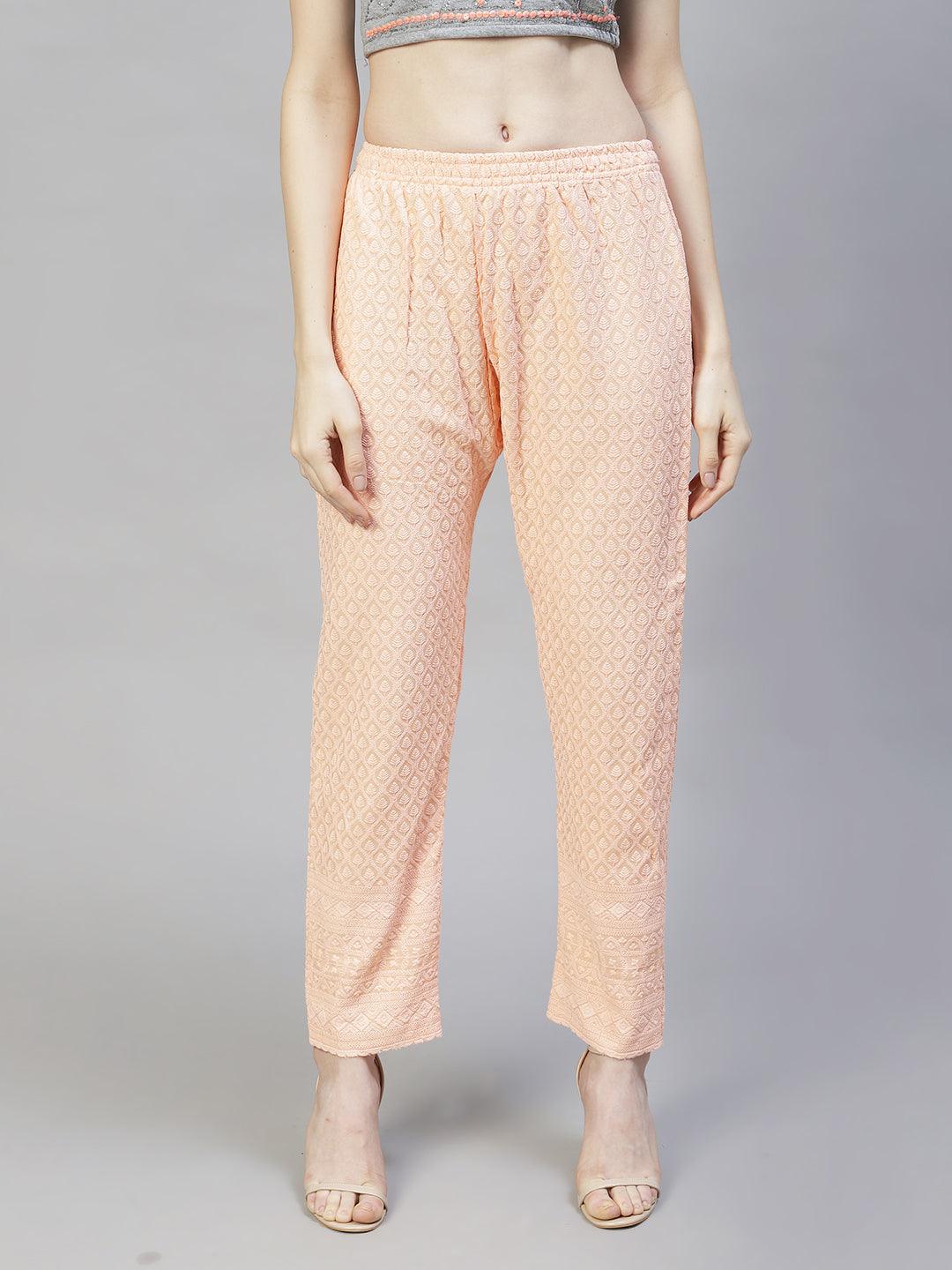 Ethnic Chikankari Embroidered Ankle Pants - Peach - Indiakreations