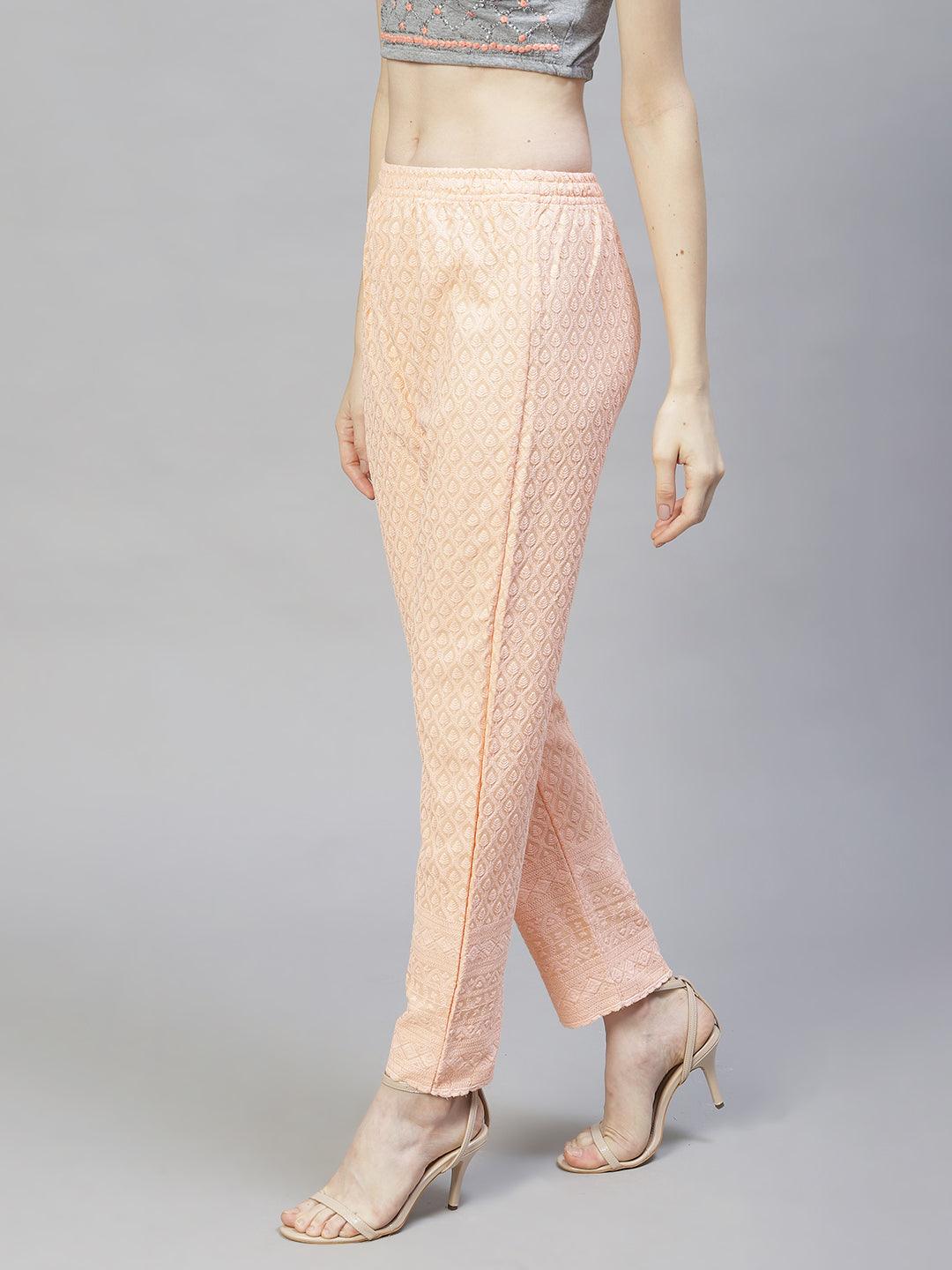 Ethnic Chikankari Embroidered Ankle Pants - Peach - Indiakreations