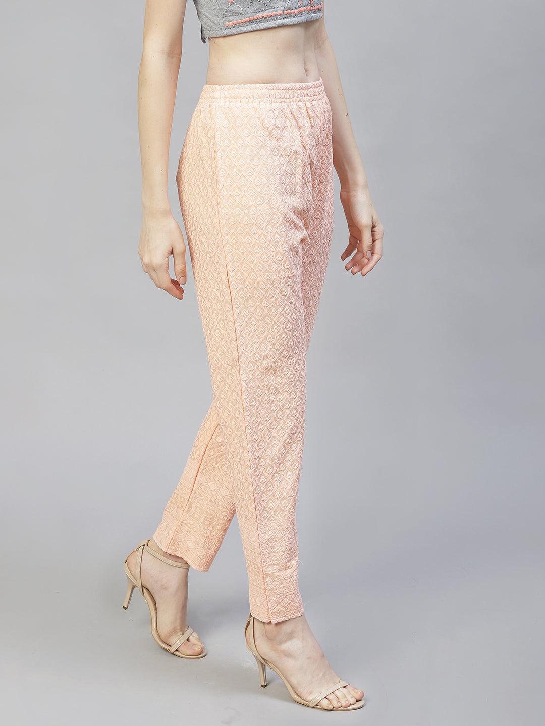 Ethnic Chikankari Embroidered Ankle Pants - Peach - Indiakreations