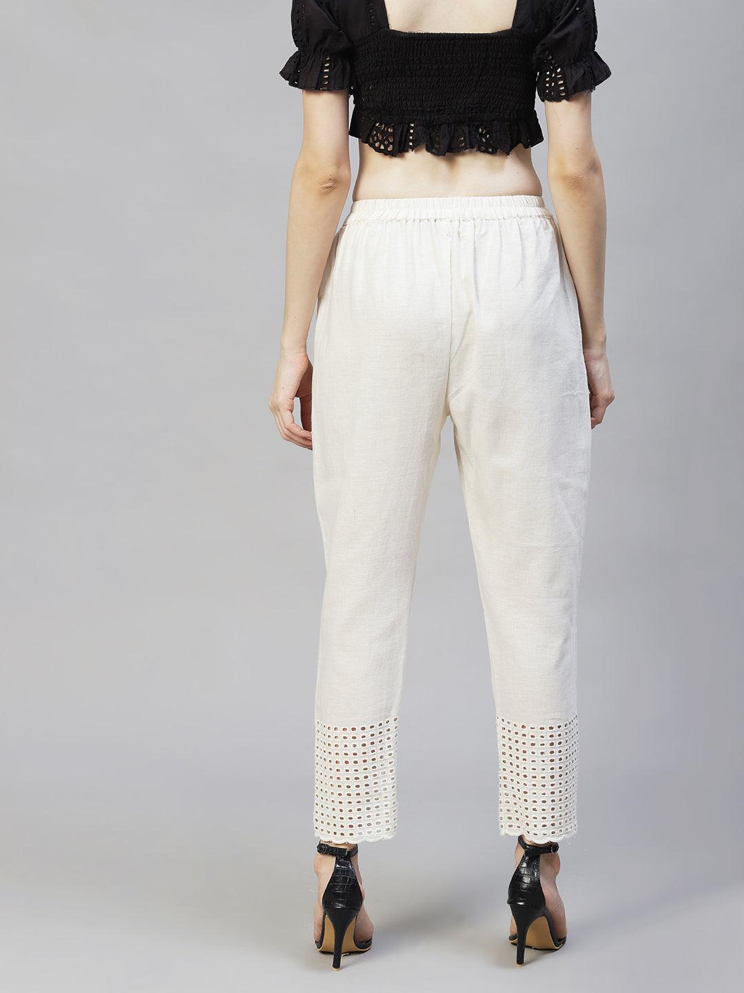 Solid Ethnic Embroidered Straight Fit Pant - Off White - Indiakreations