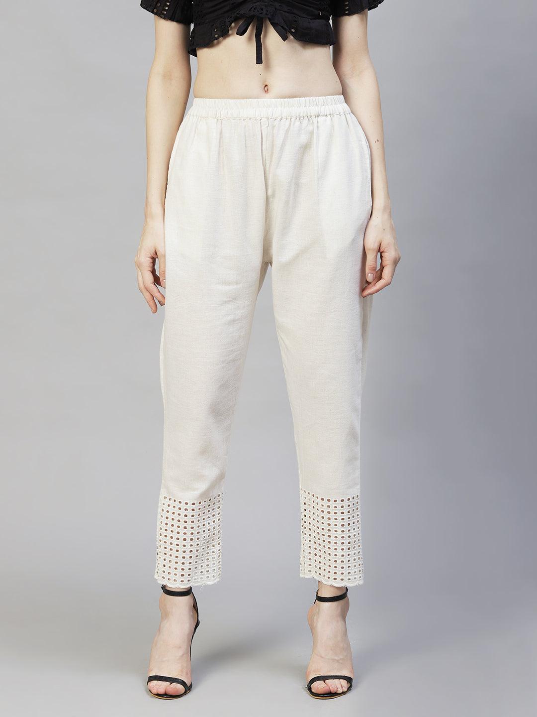 Solid Ethnic Embroidered Straight Fit Pant - Off White - Indiakreations