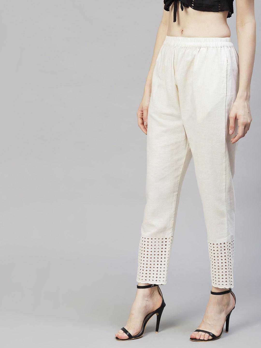 Solid Ethnic Embroidered Straight Fit Pant - Off White - Indiakreations