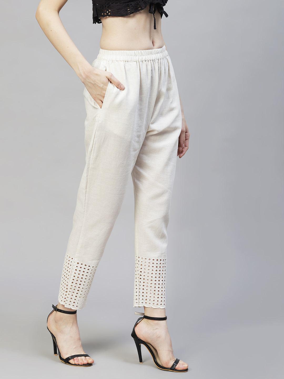 Solid Ethnic Embroidered Straight Fit Pant - Off White - Indiakreations