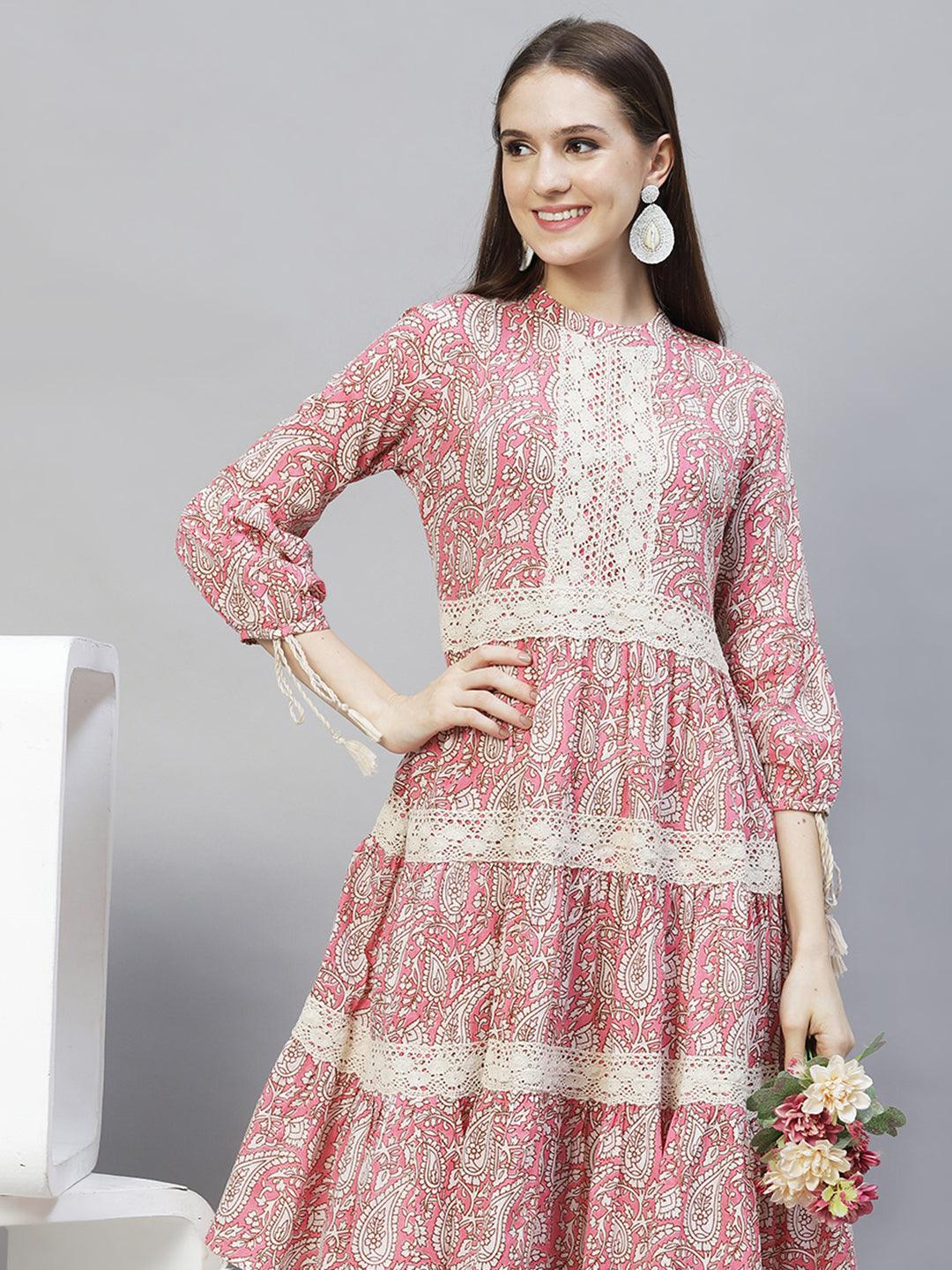 Ethnic Printed & Embroidered Tiered Flared Midi Dress - Pink - Indiakreations