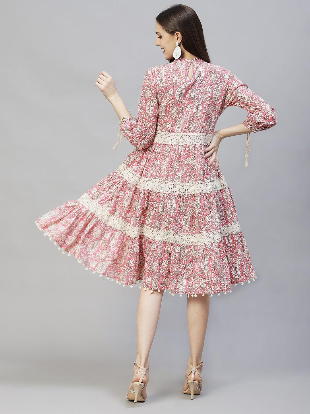 Ethnic Printed & Embroidered Tiered Flared Midi Dress - Pink - Indiakreations