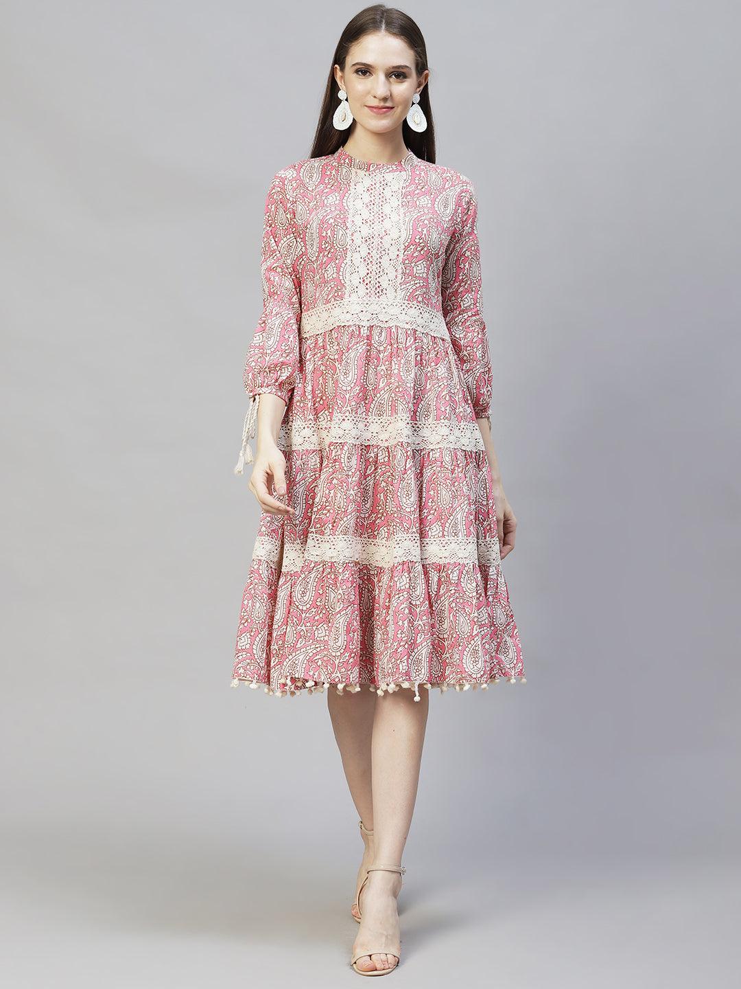 Ethnic Printed & Embroidered Tiered Flared Midi Dress - Pink - Indiakreations