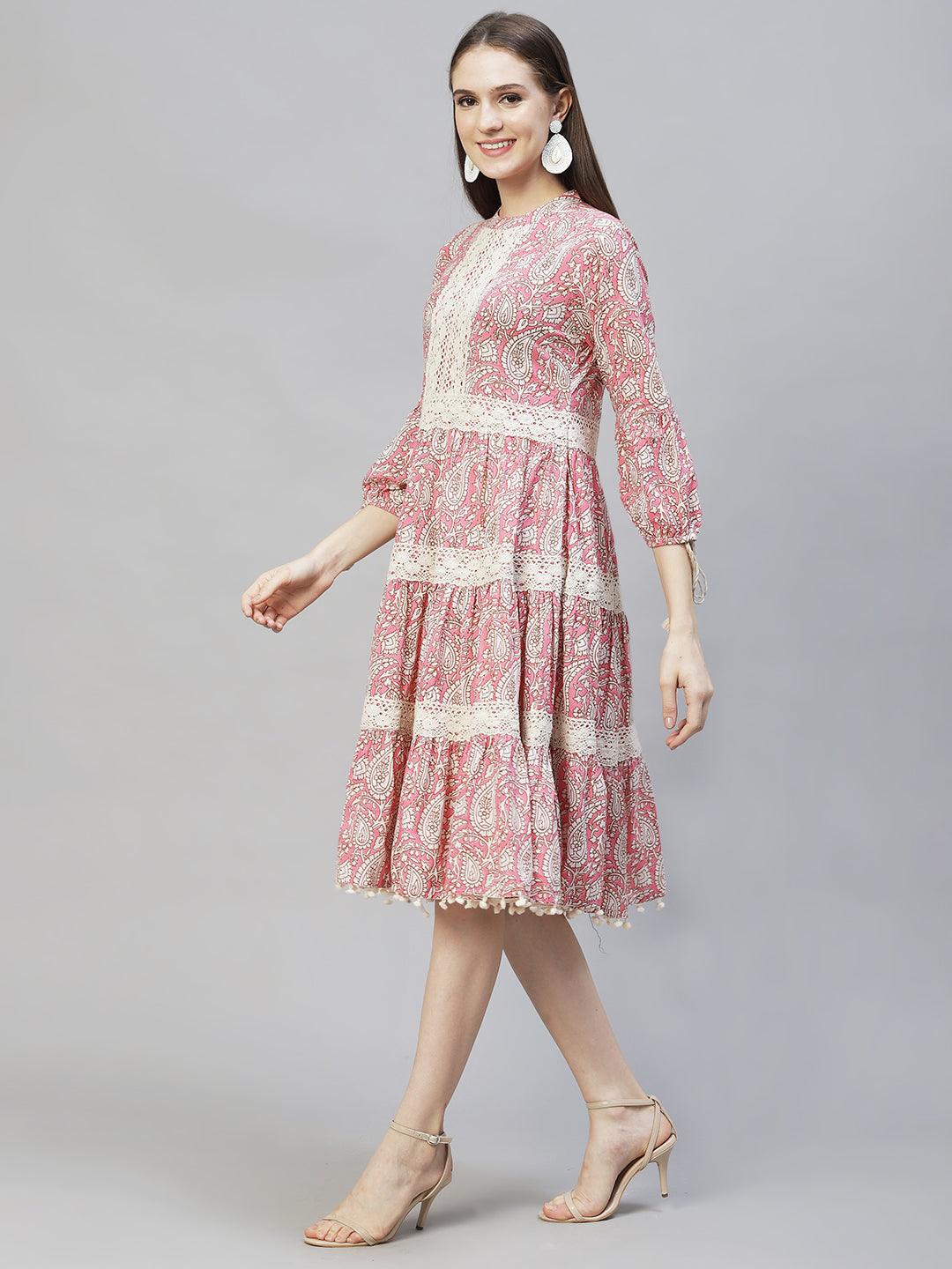 Ethnic Printed & Embroidered Tiered Flared Midi Dress - Pink - Indiakreations