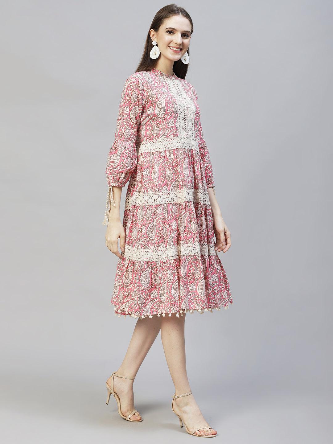 Ethnic Printed & Embroidered Tiered Flared Midi Dress - Pink - Indiakreations