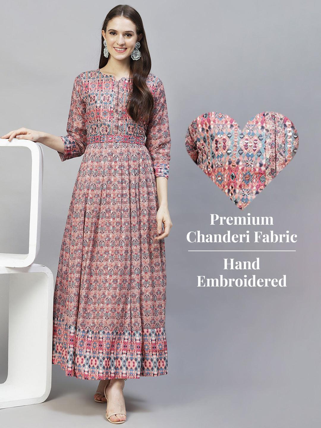 Ethnic Printed & Hand Embroidered Flared Maxi Dress - Multi - Indiakreations