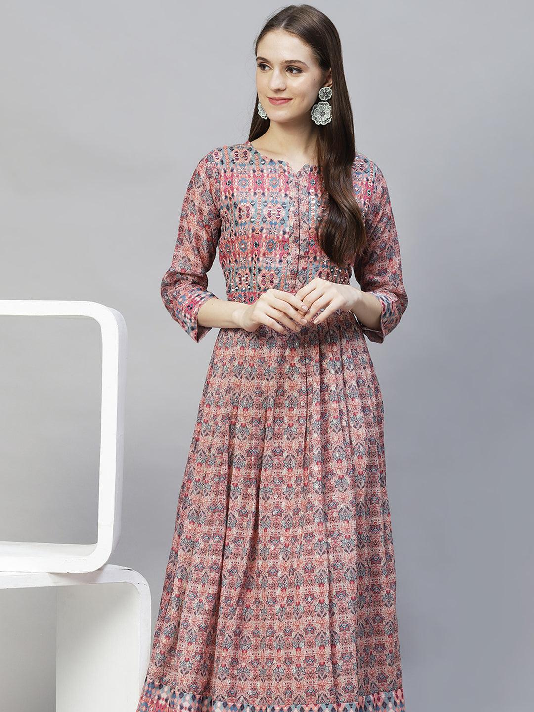 Ethnic Printed & Hand Embroidered Flared Maxi Dress - Multi - Indiakreations