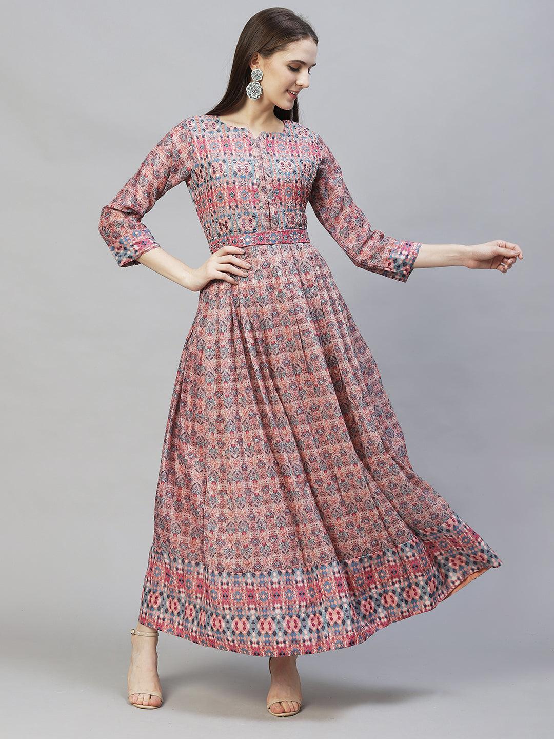 Ethnic Printed & Hand Embroidered Flared Maxi Dress - Multi - Indiakreations