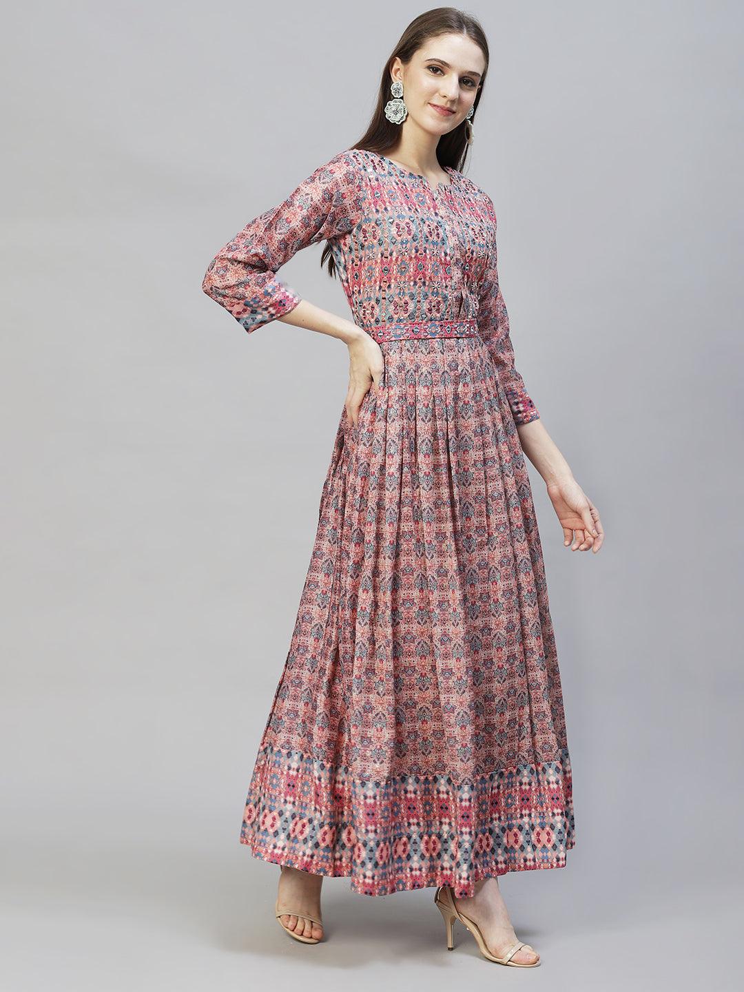 Ethnic Printed & Hand Embroidered Flared Maxi Dress - Multi - Indiakreations