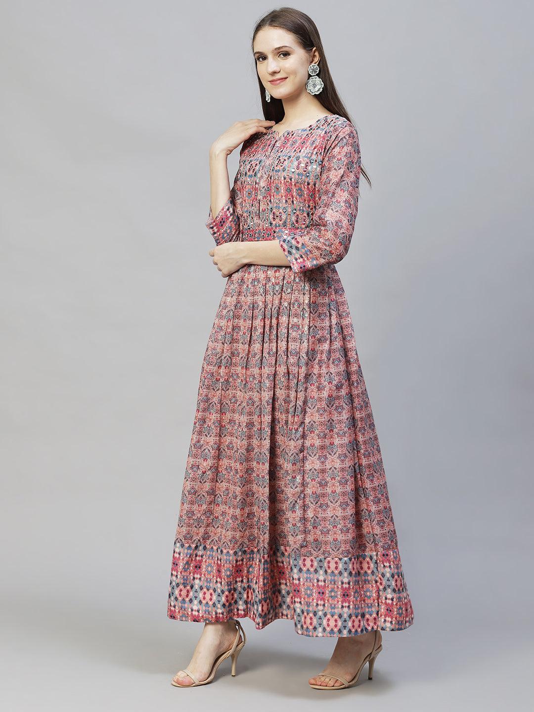 Ethnic Printed & Hand Embroidered Flared Maxi Dress - Multi - Indiakreations