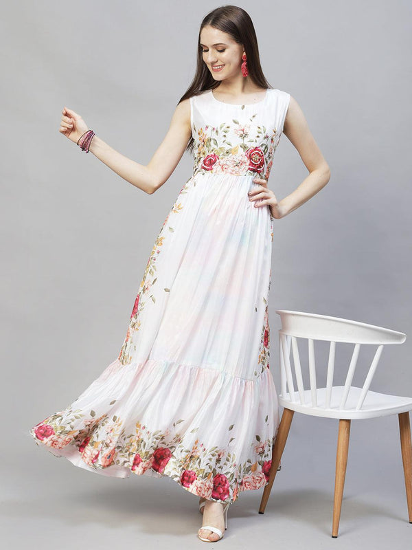 Floral Printed & Hand Embroidered Flared Maxi Dress - Off White - Indiakreations