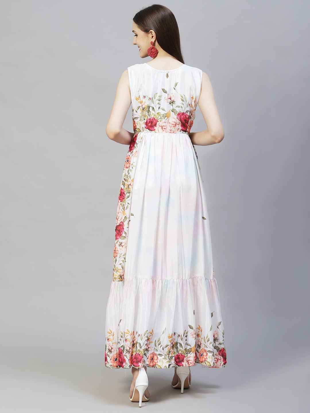 Floral Printed & Hand Embroidered Flared Maxi Dress - Off White - Indiakreations