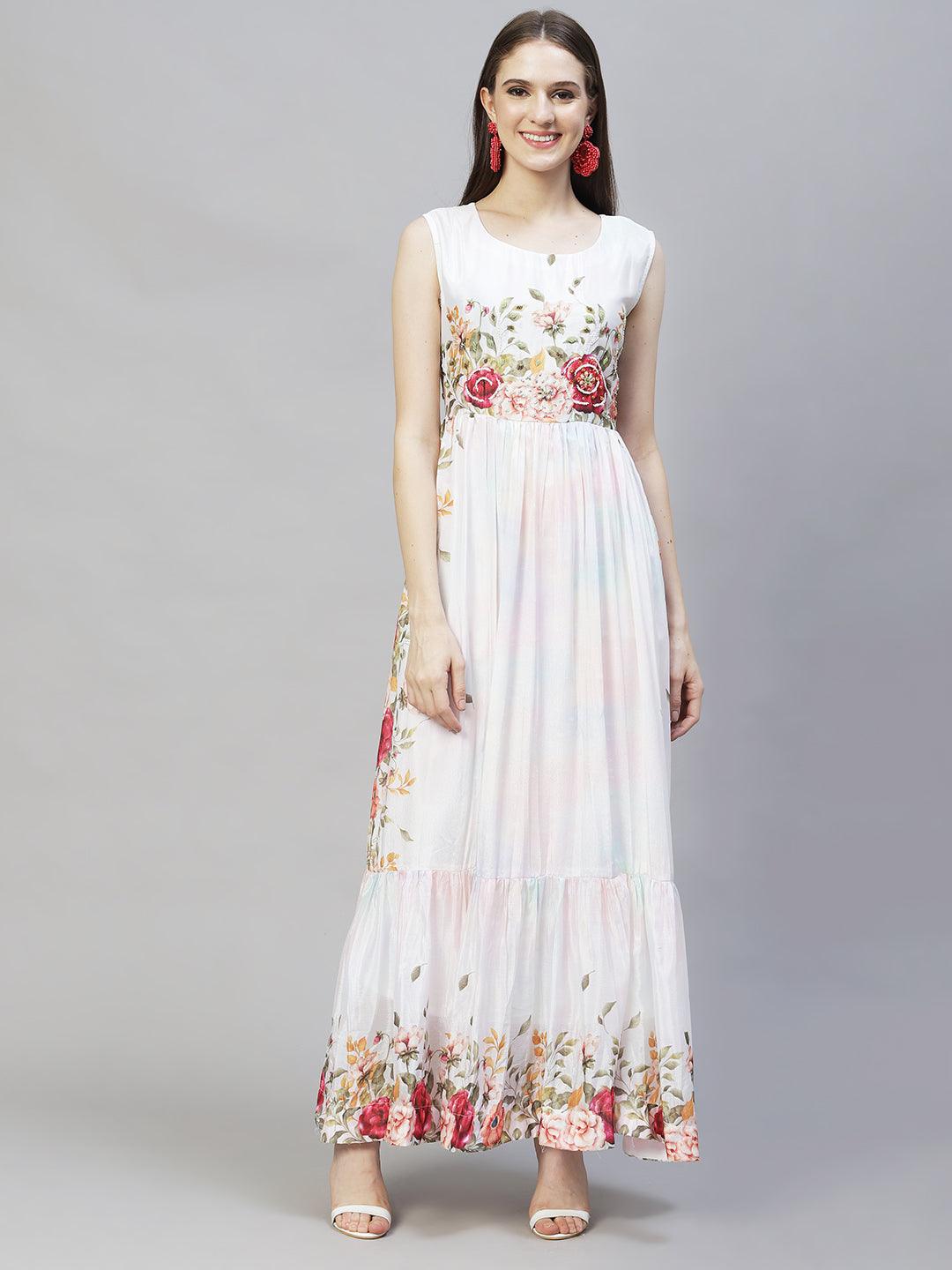 Floral Printed & Hand Embroidered Flared Maxi Dress - Off White - Indiakreations