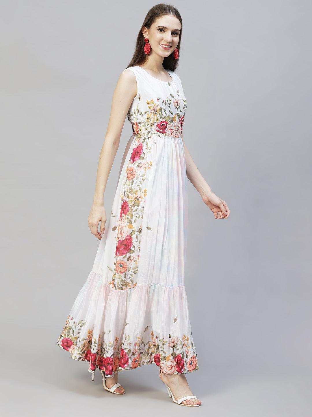 Floral Printed & Hand Embroidered Flared Maxi Dress - Off White - Indiakreations