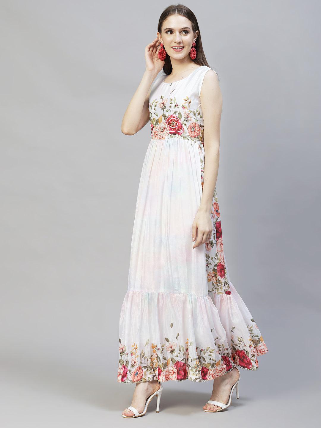 Floral Printed & Hand Embroidered Flared Maxi Dress - Off White - Indiakreations