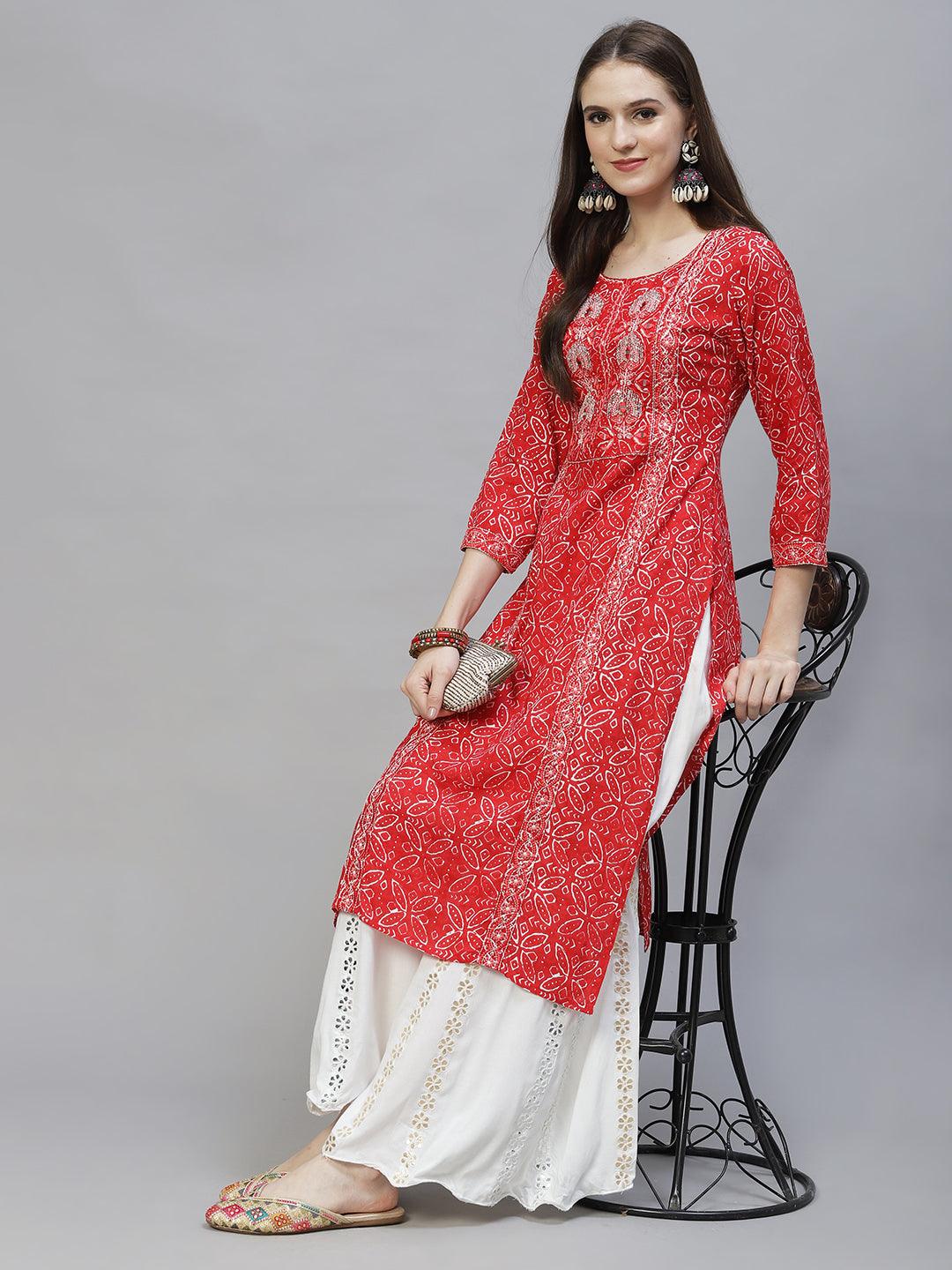 Ethnic Printed & Embroidered Straight Fit Kurta – Red - Indiakreations