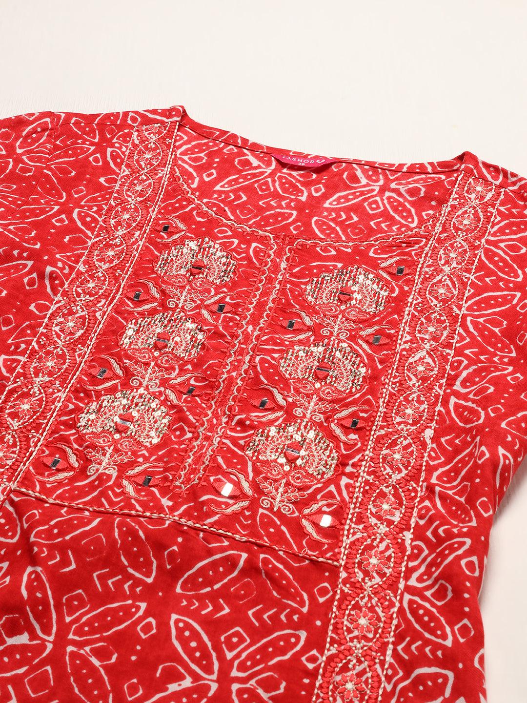 Ethnic Printed & Embroidered Straight Fit Kurta – Red - Indiakreations