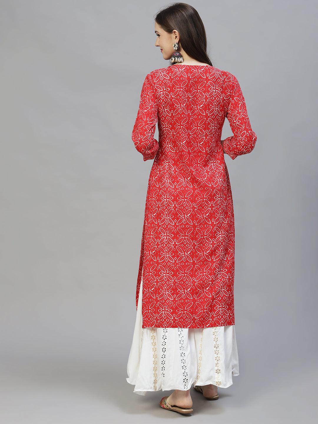 Ethnic Printed & Embroidered Straight Fit Kurta – Red - Indiakreations