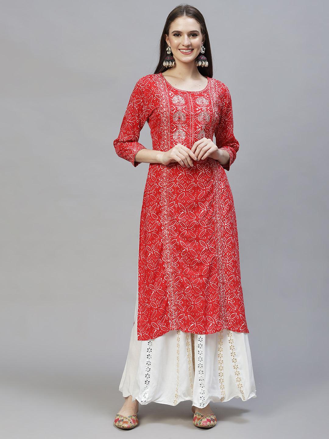 Ethnic Printed & Embroidered Straight Fit Kurta – Red - Indiakreations