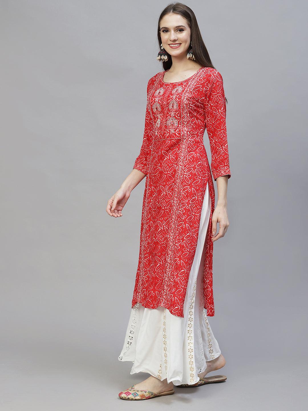 Ethnic Printed & Embroidered Straight Fit Kurta – Red - Indiakreations