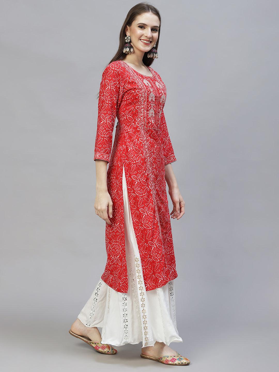 Ethnic Printed & Embroidered Straight Fit Kurta – Red - Indiakreations