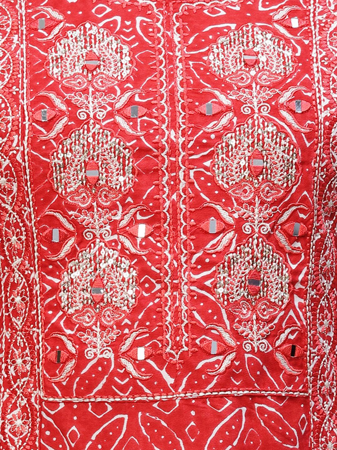 Ethnic Printed & Embroidered Straight Fit Kurta – Red - Indiakreations