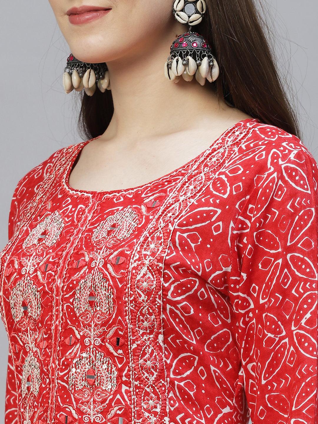 Ethnic Printed & Embroidered Straight Fit Kurta – Red - Indiakreations