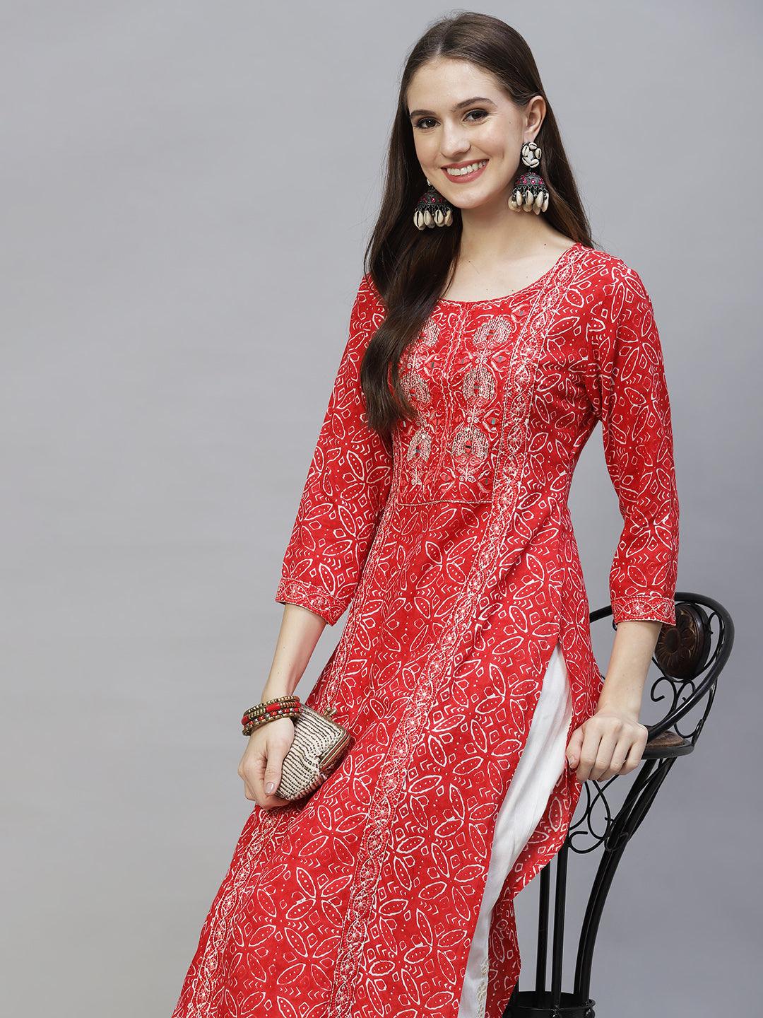 Ethnic Printed & Embroidered Straight Fit Kurta – Red - Indiakreations