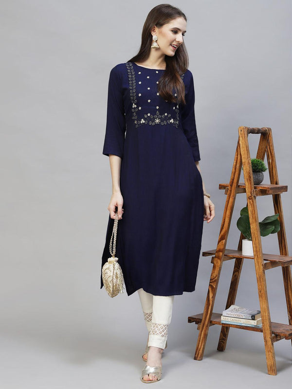 Floral Hand Embroidered Straight Fit Kurta - Deep Violet - Indiakreations