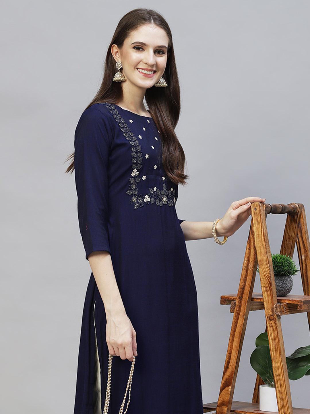 Floral Hand Embroidered Straight Fit Kurta - Deep Violet - Indiakreations