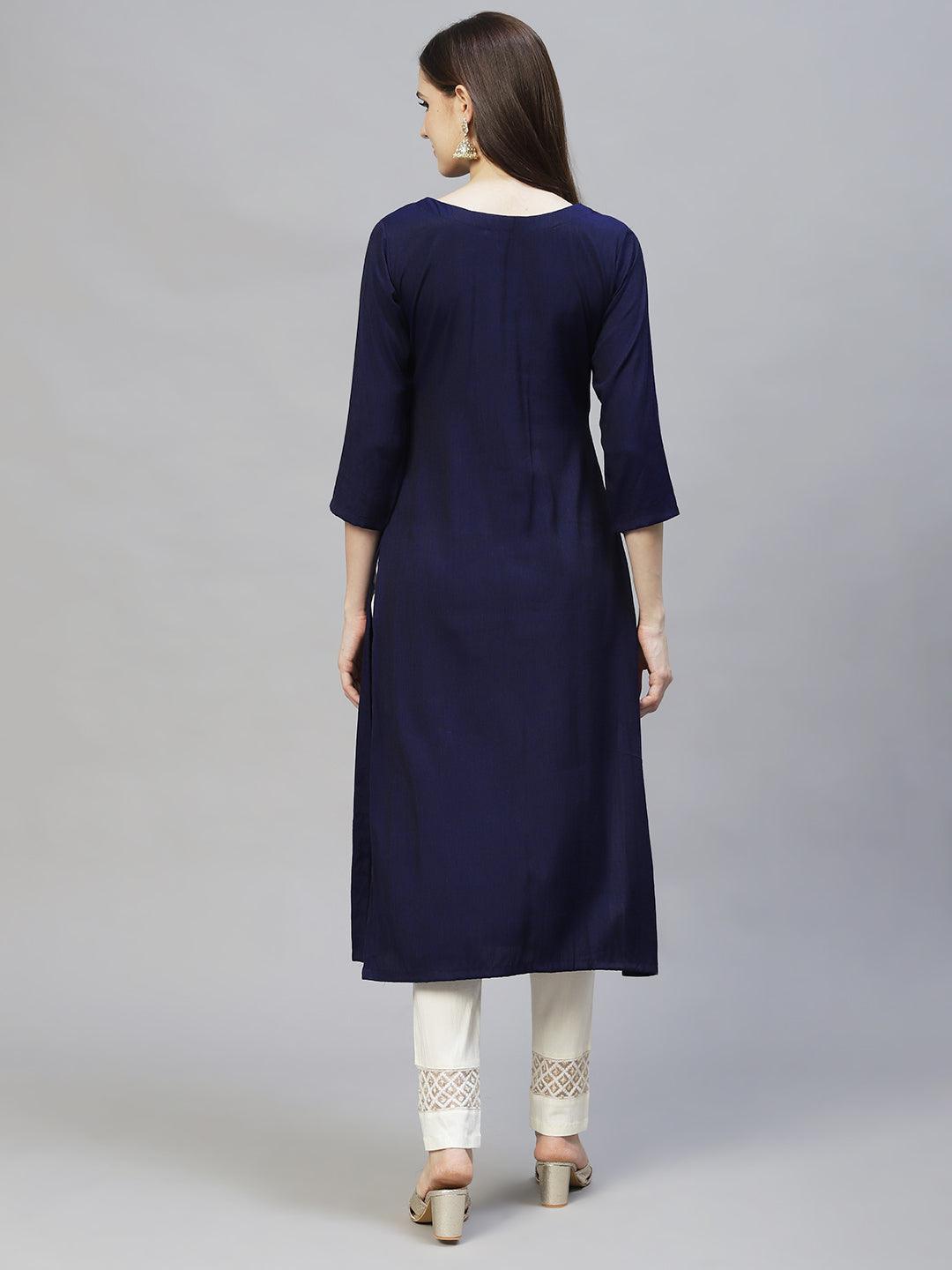 Floral Hand Embroidered Straight Fit Kurta - Deep Violet - Indiakreations