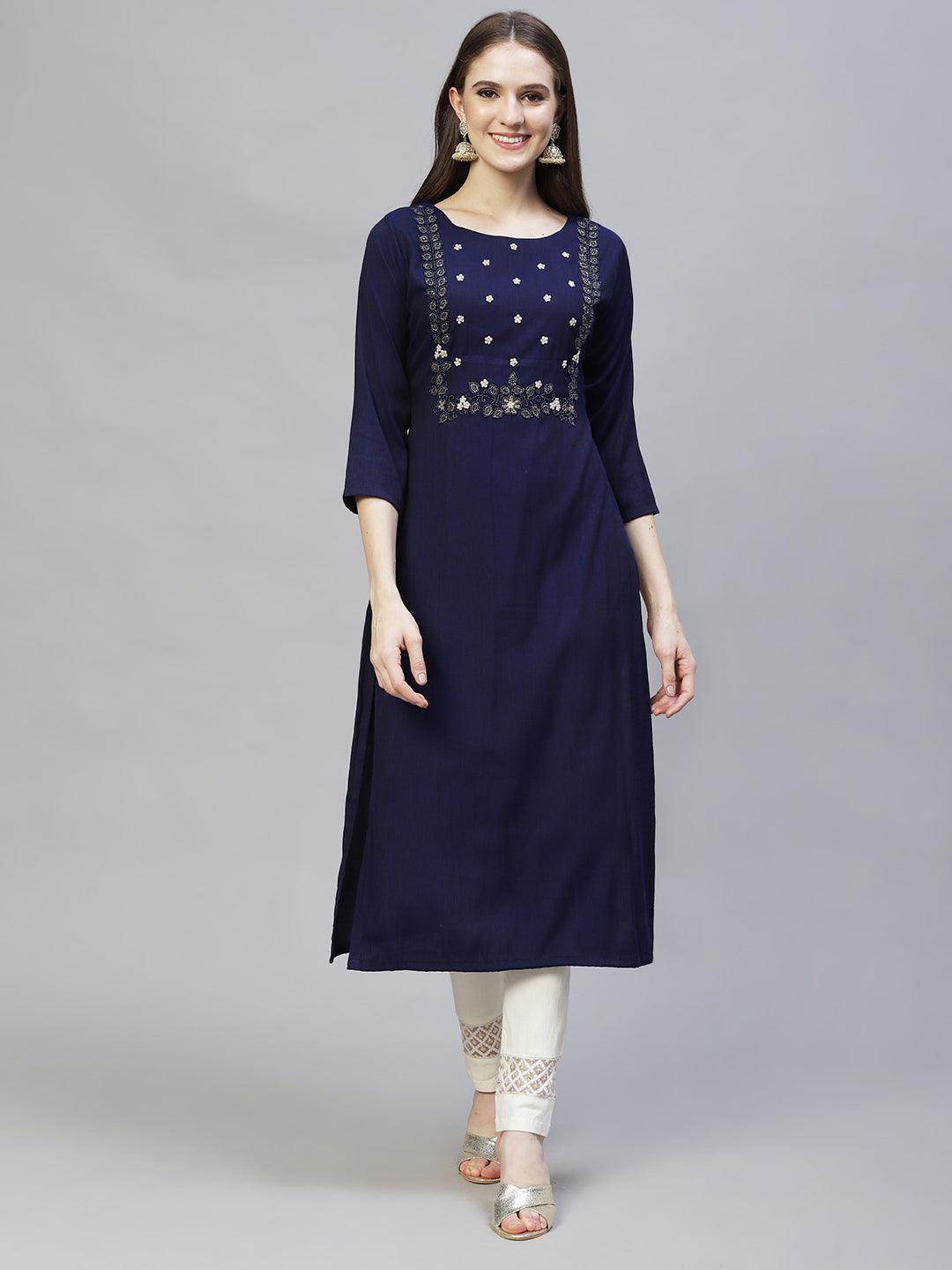 Floral Hand Embroidered Straight Fit Kurta - Deep Violet - Indiakreations