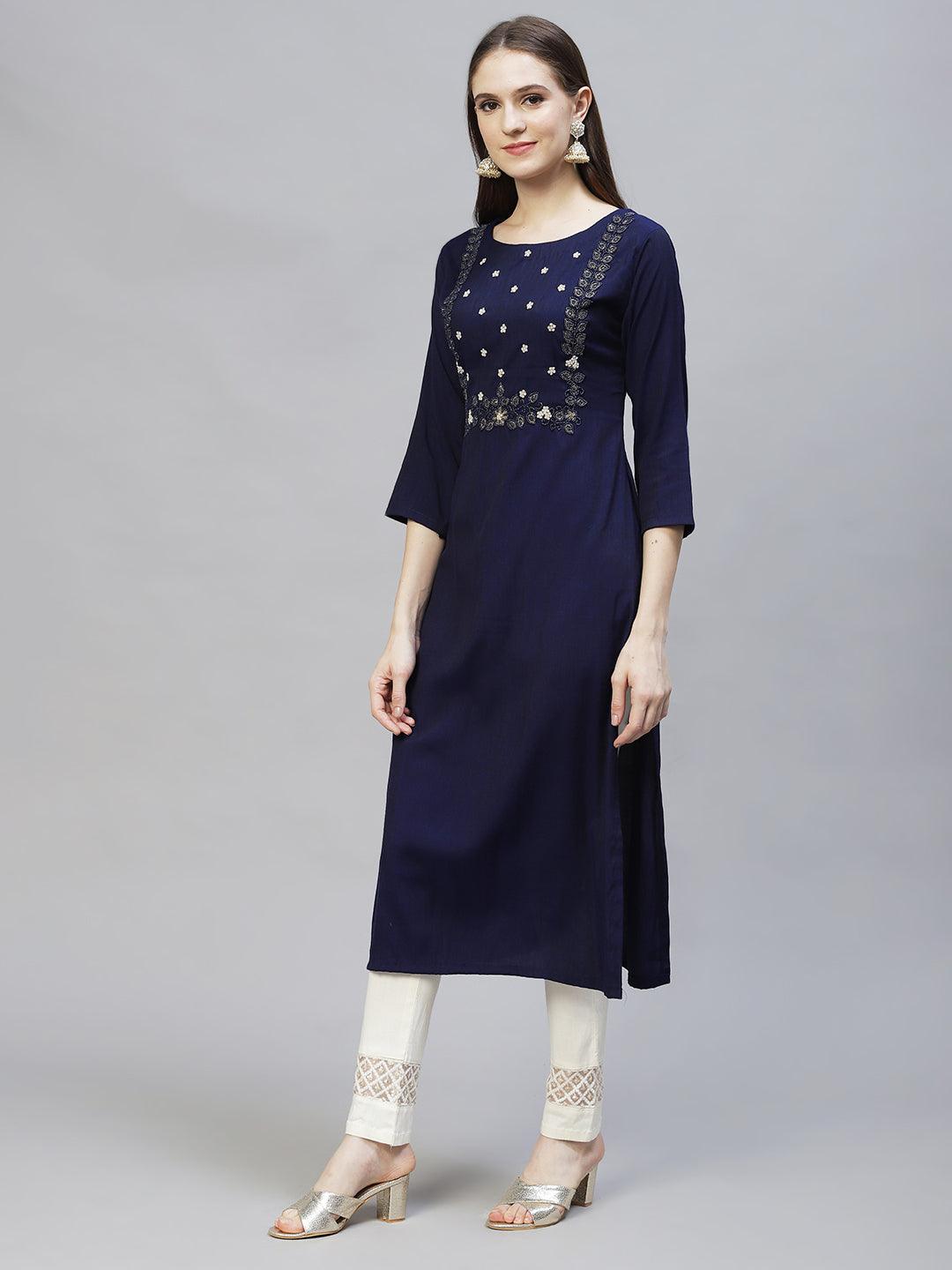 Floral Hand Embroidered Straight Fit Kurta - Deep Violet - Indiakreations