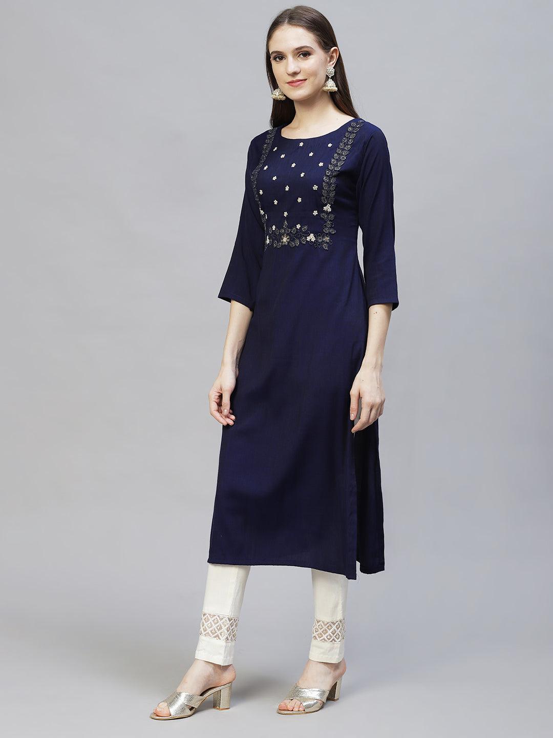 Floral Hand Embroidered Straight Fit Kurta - Deep Violet - Indiakreations