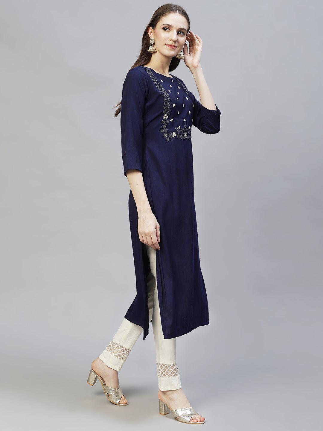 Floral Hand Embroidered Straight Fit Kurta - Deep Violet - Indiakreations