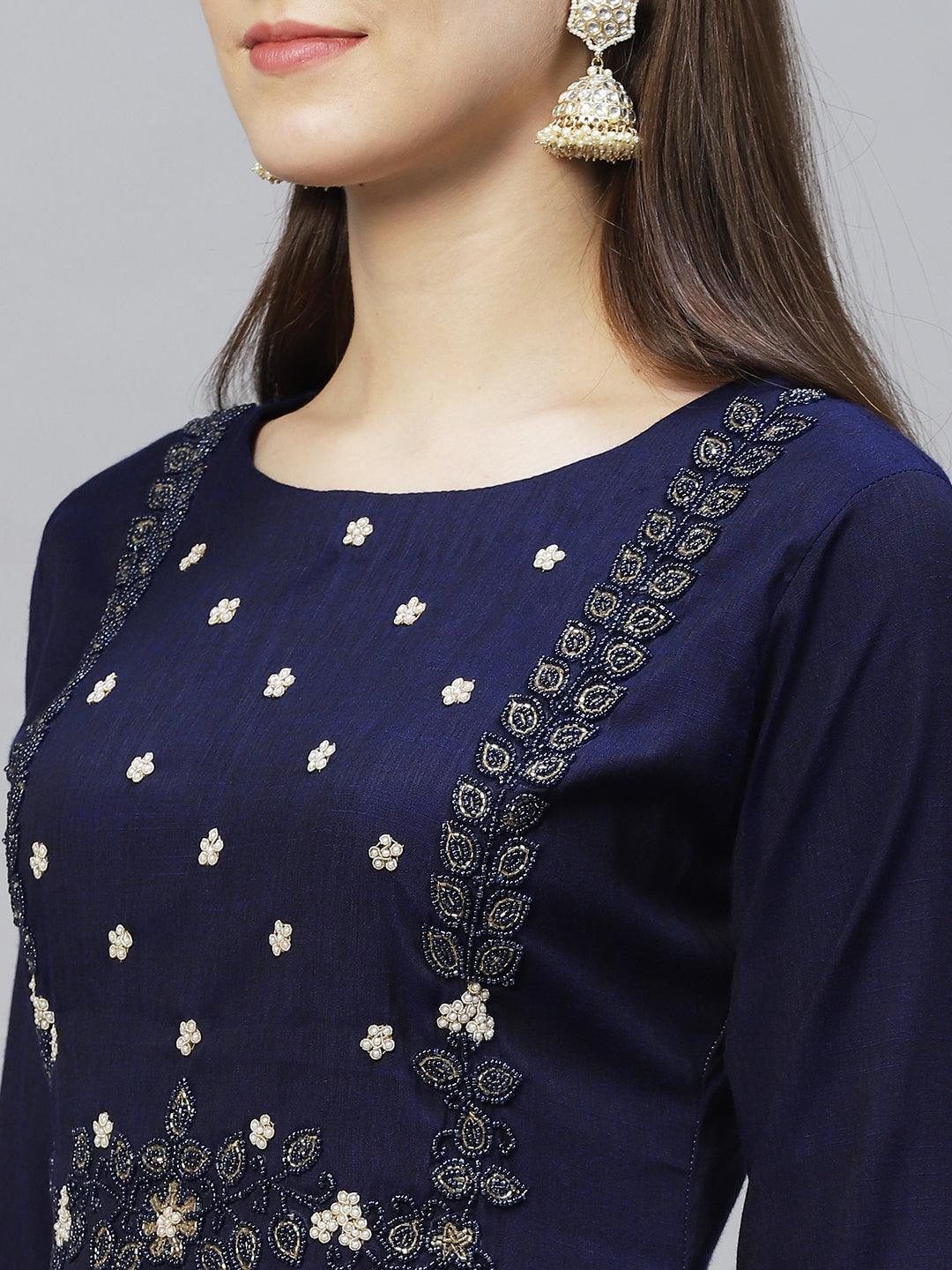 Floral Hand Embroidered Straight Fit Kurta - Deep Violet - Indiakreations