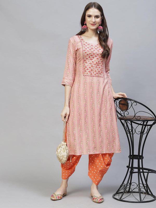 Floral Printed & Embroidered Straight Fit Kurta – Pink - Indiakreations