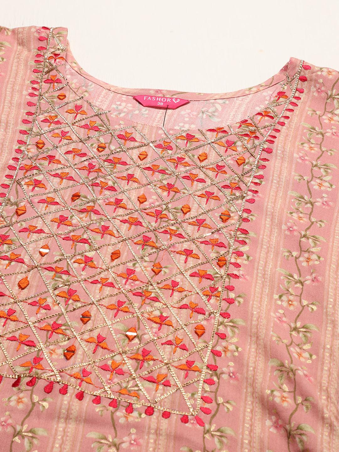 Floral Printed & Embroidered Straight Fit Kurta – Pink - Indiakreations