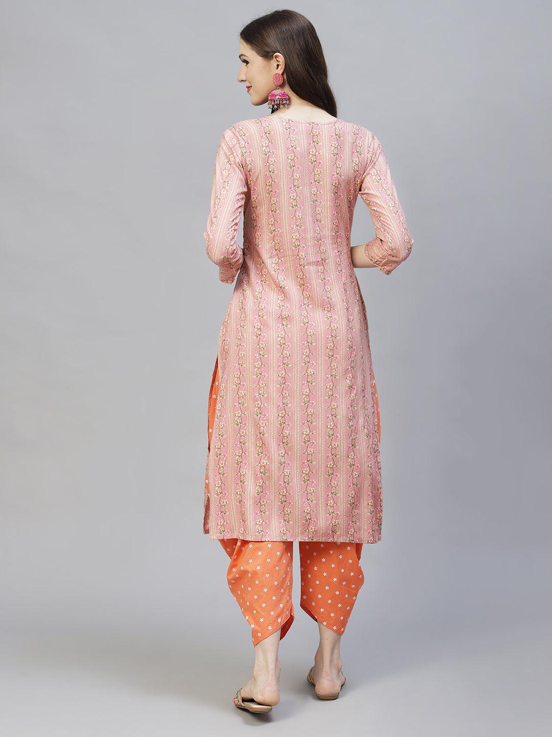 Floral Printed & Embroidered Straight Fit Kurta – Pink - Indiakreations