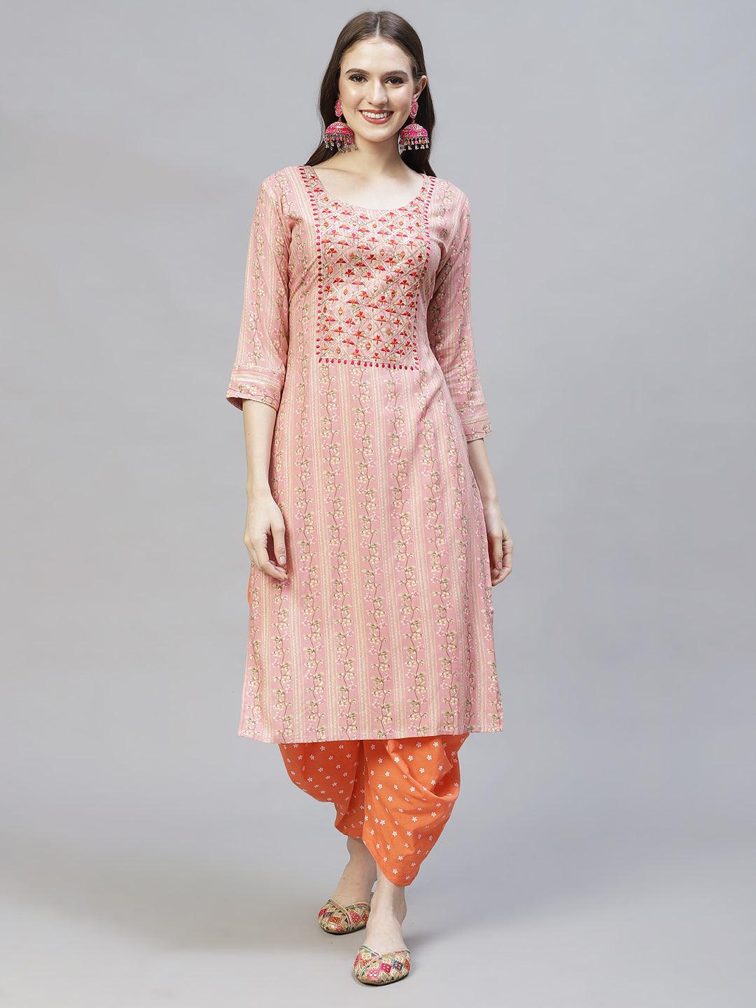 Floral Printed & Embroidered Straight Fit Kurta – Pink - Indiakreations