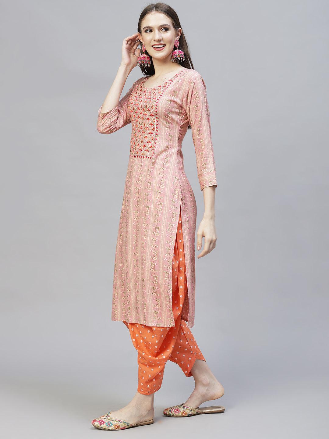 Floral Printed & Embroidered Straight Fit Kurta – Pink - Indiakreations