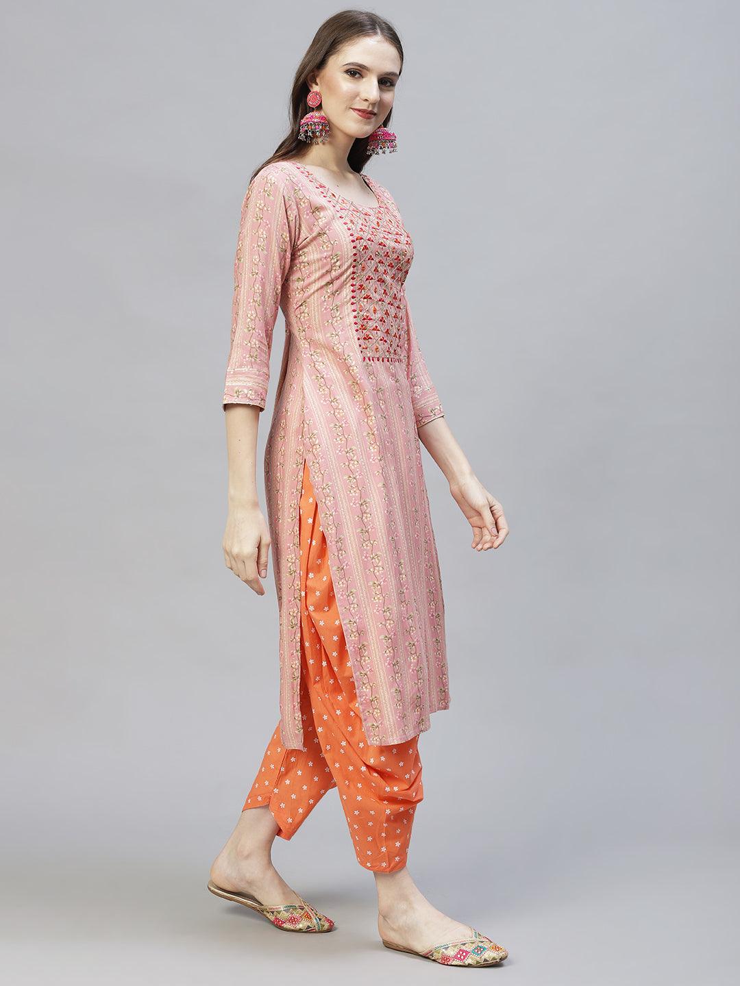 Floral Printed & Embroidered Straight Fit Kurta – Pink - Indiakreations