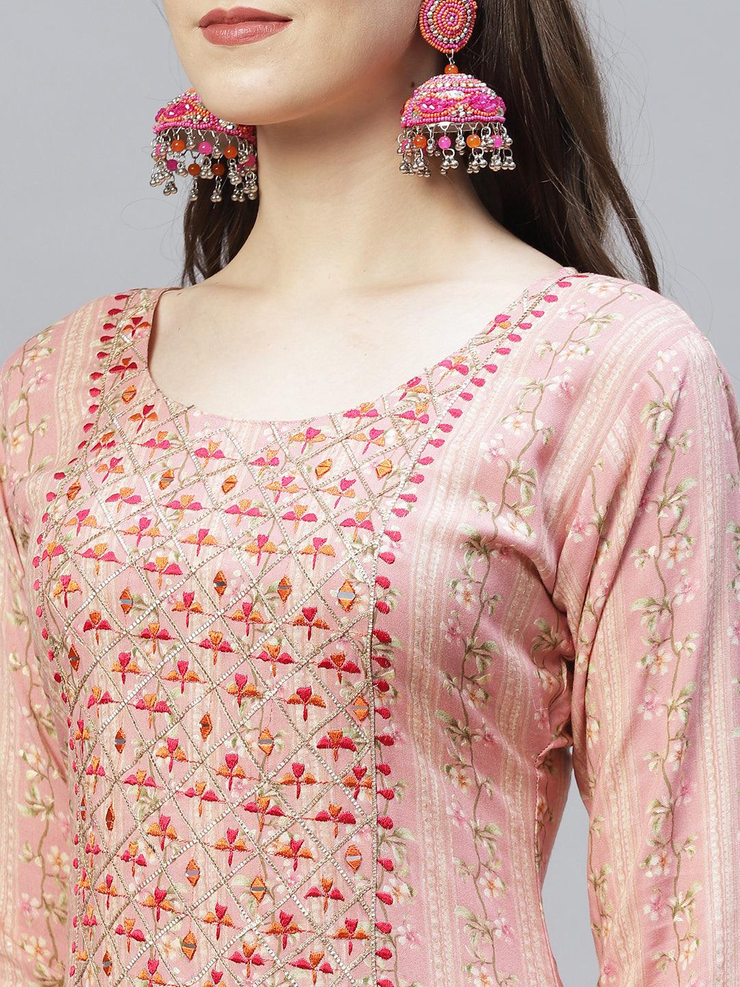 Floral Printed & Embroidered Straight Fit Kurta – Pink - Indiakreations