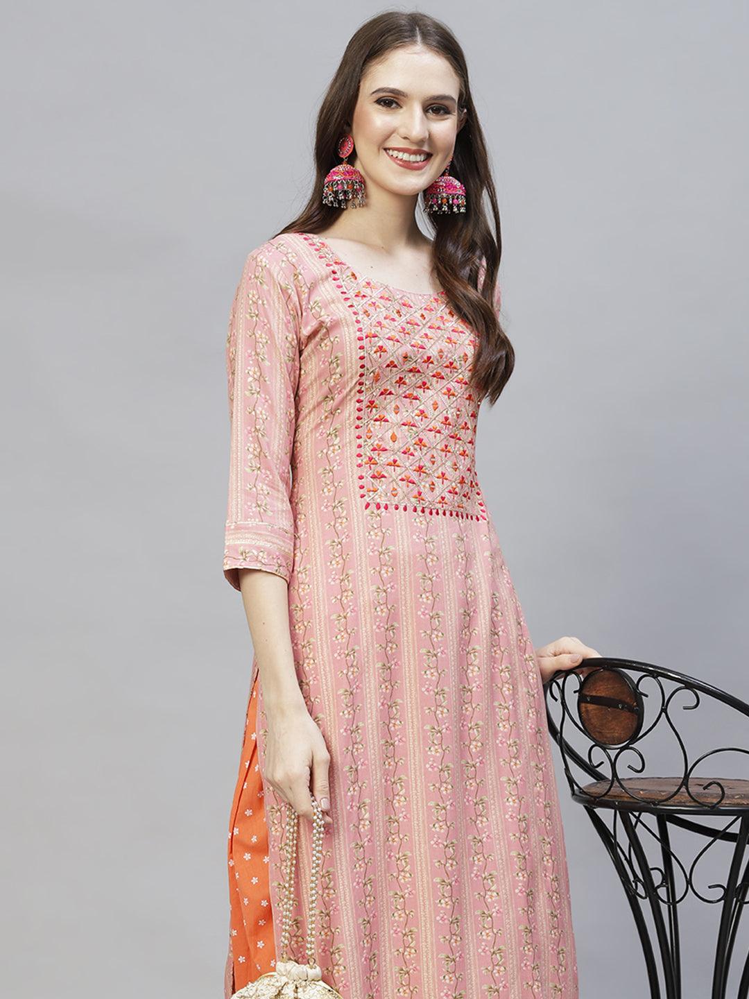 Floral Printed & Embroidered Straight Fit Kurta – Pink - Indiakreations