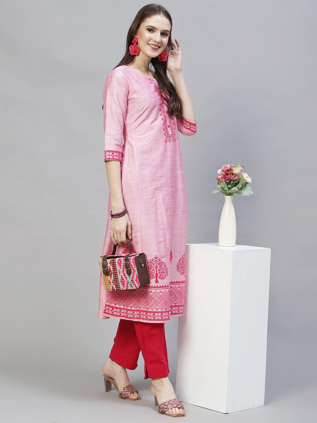 Ethnic Printed Anarkali Flared Kurta – Pink - Indiakreations