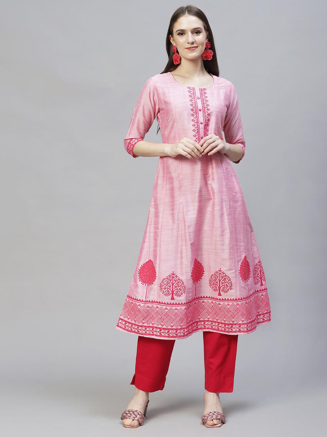 Ethnic Printed Anarkali Flared Kurta – Pink - Indiakreations