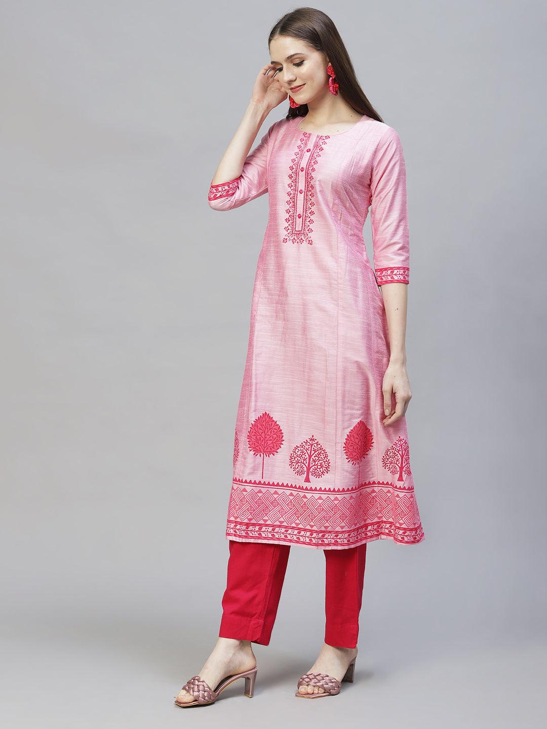 Ethnic Printed Anarkali Flared Kurta – Pink - Indiakreations